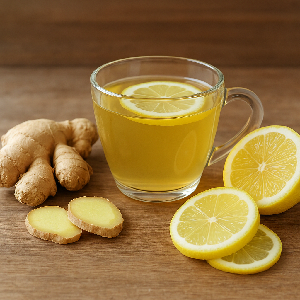 Um copo de chá com limão e gengibre sobre uma mesa de madeira, com pedaços frescos de gengibre e fatias de limão ao lado, em luz natural suave, estilo clean e saudável.