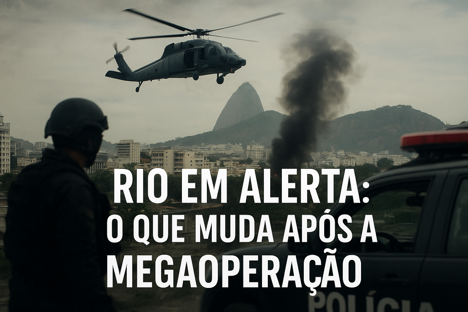 “Policial observa helicóptero sobrevoando o Rio de Janeiro com fumaça ao fundo durante megaoperação; Pão de Açúcar visível ao longe.”