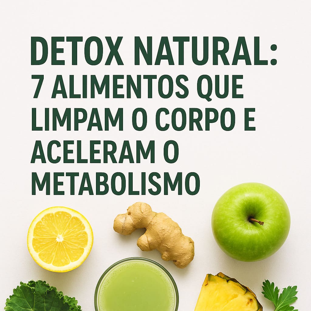 “Imagem ilustrativa de alimentos detox naturais: limão, gengibre, maçã verde, abacaxi, couve, semente de chia e suco verde, dispostos sobre fundo claro, com o título ‘Detox natural: 7 alimentos que limpam o corpo e aceleram o metabolismo’ em destaque.”