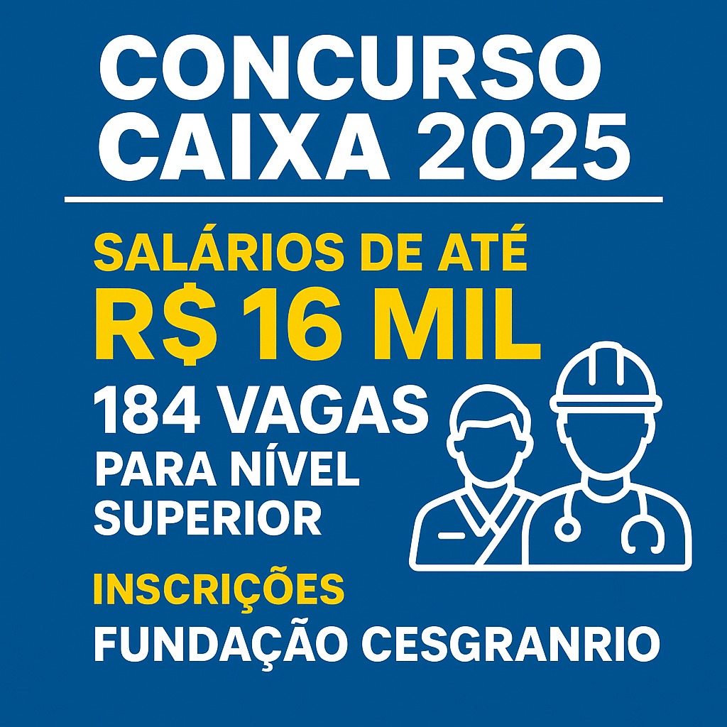 Imagem informativa sobre o Concurso Caixa Econômica Federal 2025, com destaque para 184 vagas, salários de até R$ 16 mil e inscrição pela Fundação Cesgranrio.