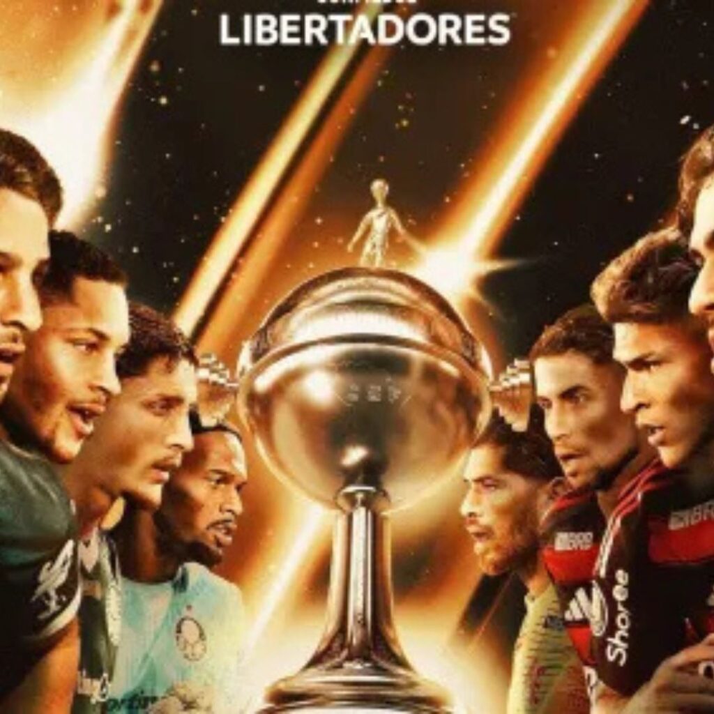 Montagem da final da Libertadores com jogadores do Palmeiras de um lado e do Flamengo do outro, encarando a taça ao centro em cenário iluminado com tons dourados