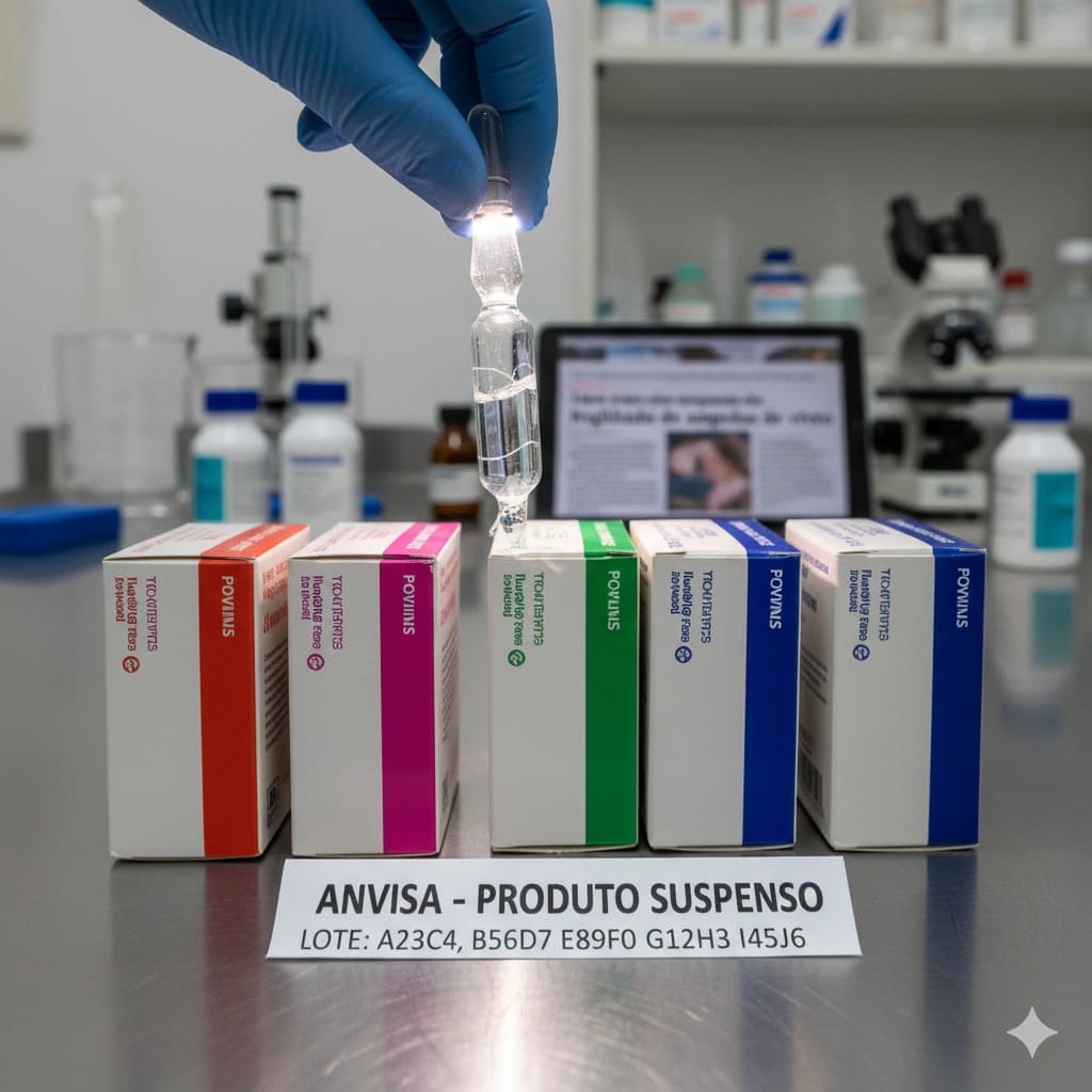 Close-up de cinco ampolas de vidro de medicamentos injetáveis, dispostas em uma superfície clara, talvez uma bancada de laboratório ou farmácia. As ampolas têm rótulos genéricos e refletem a luz, destacando a fragilidade ou fissuras no vidro. A imagem utiliza uma paleta de cores neutras e frias para evocar seriedade e o tema de inspeção sanitária ou suspensão de lotes.