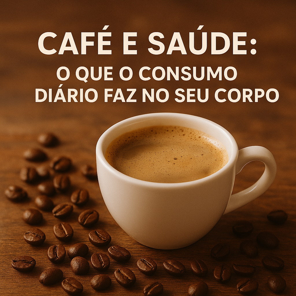 Xícara de café quente sobre mesa com grãos de café espalhados, representando energia e benefícios do consumo moderado para a saúde.