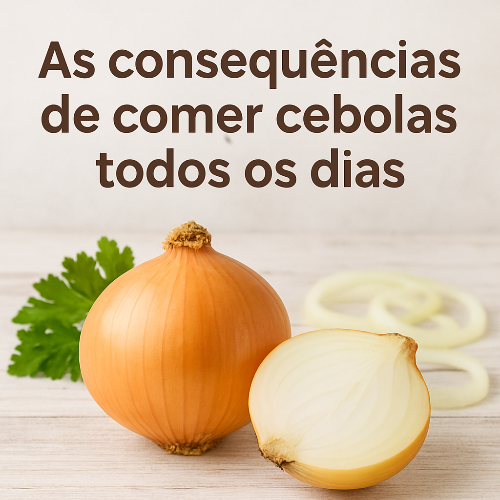 Cebola inteira e meia cebola cortada sobre mesa de madeira clara, com folhas verdes ao fundo e o texto ‘As consequências de comer cebolas todos os dias’ em destaque