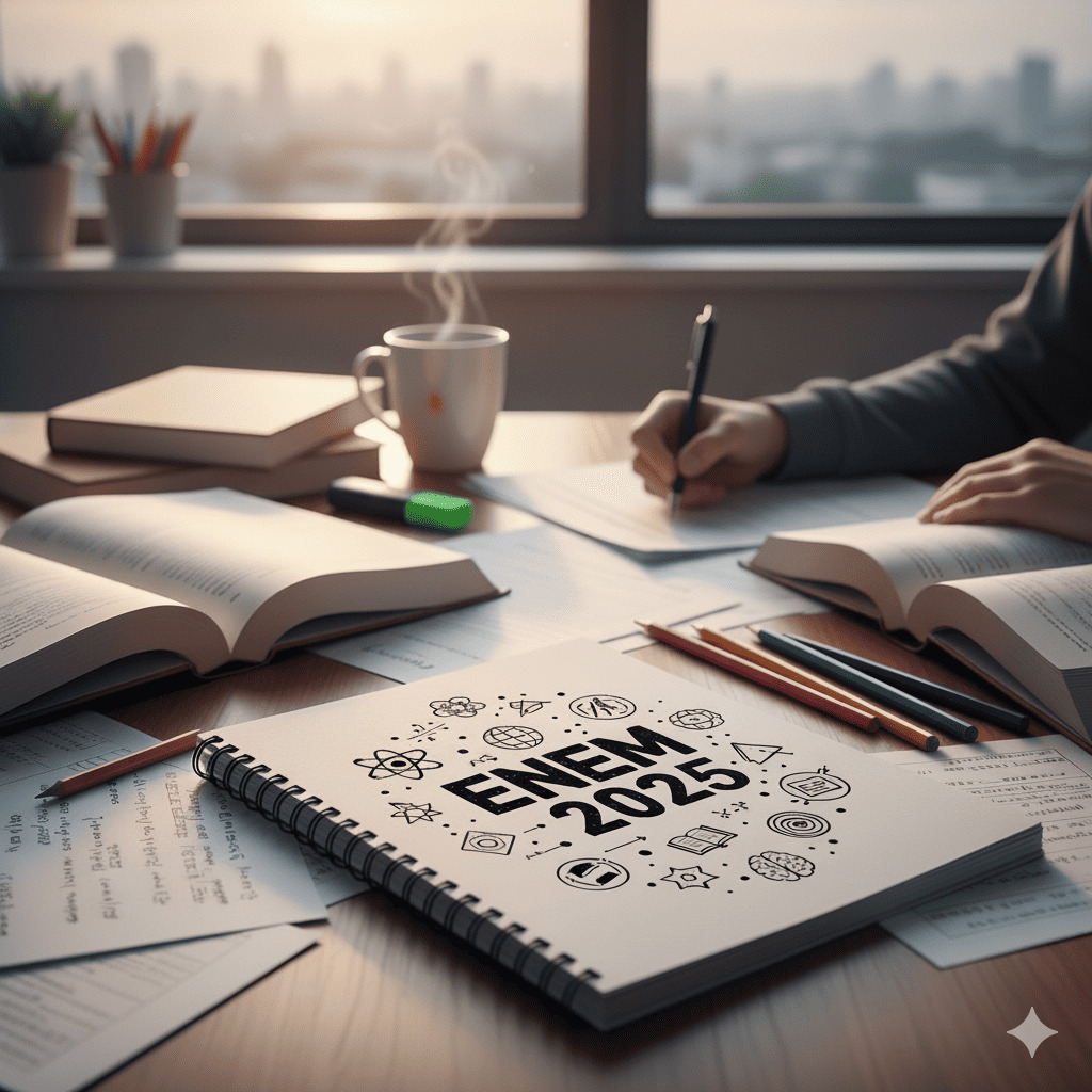 Mesa de estudos com um caderno aberto exibindo "ENEM 2025" e ícones de matérias. Livros, anotações e lápis estão espalhados, e uma pessoa escreve ao fundo, com a vista de uma cidade ao amanhecer pela janela.