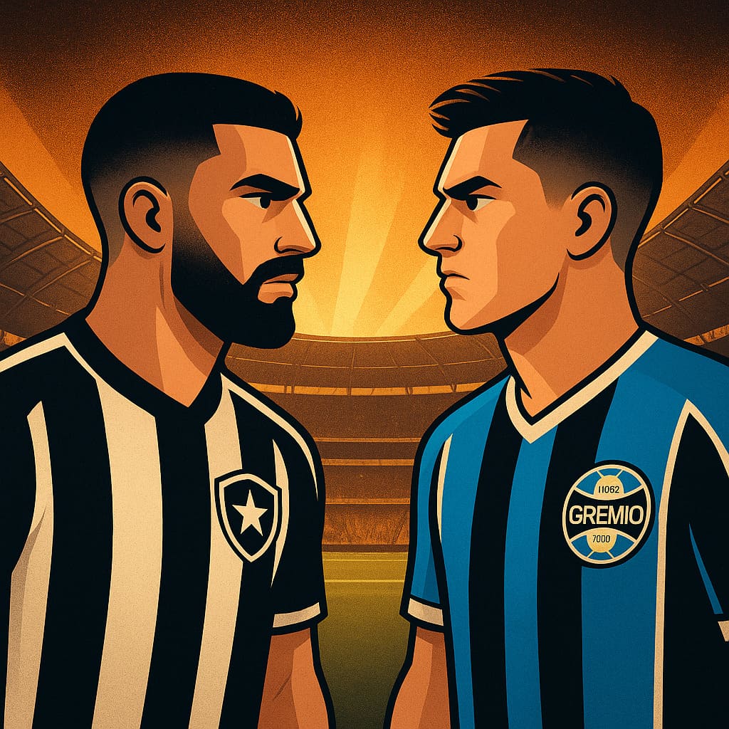 Arte digital mostrando dois jogadores estilizados frente a frente, representando Botafogo e Grêmio, com o estádio ao fundo e iluminação dramática, em formato quadrado