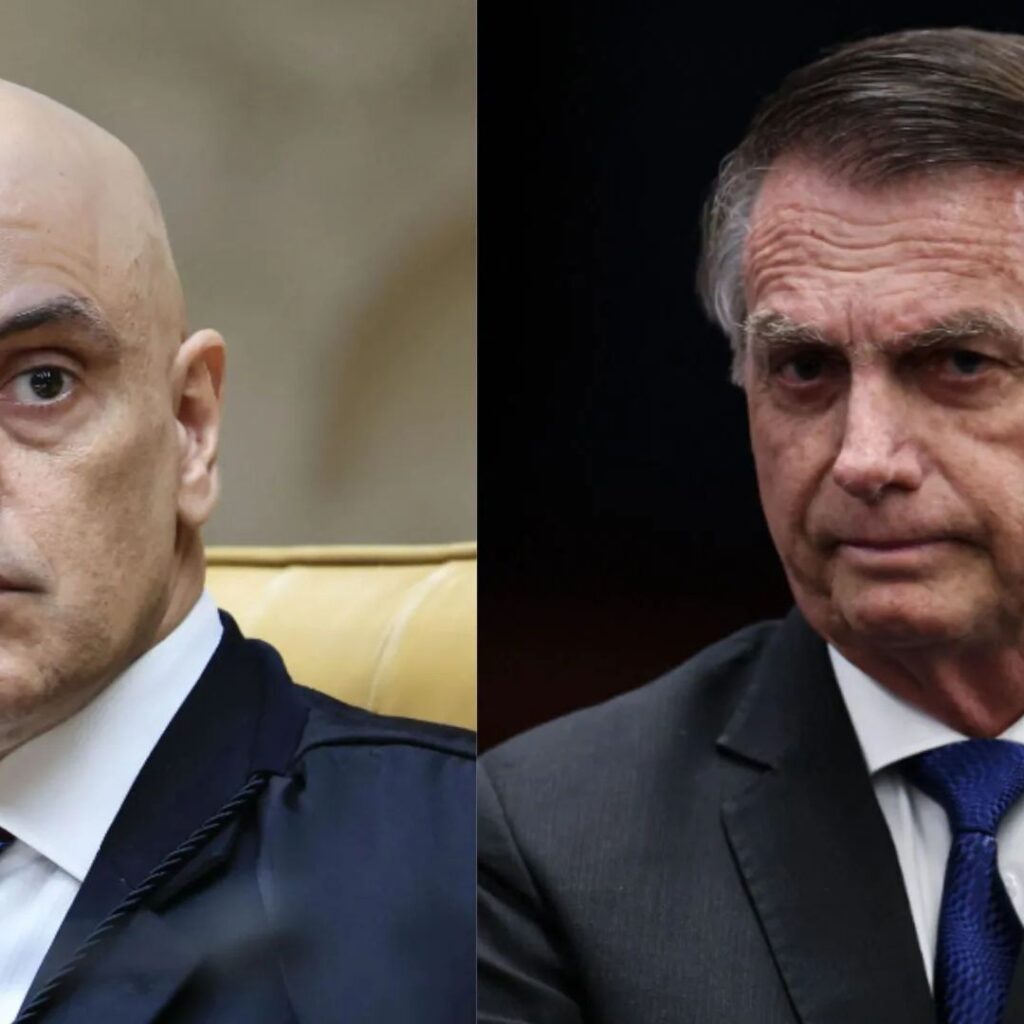 Foto dividida mostrando Alexandre de Moraes, em ambiente institucional, e Jair Bolsonaro, trajando terno escuro, ambos com expressões sérias.