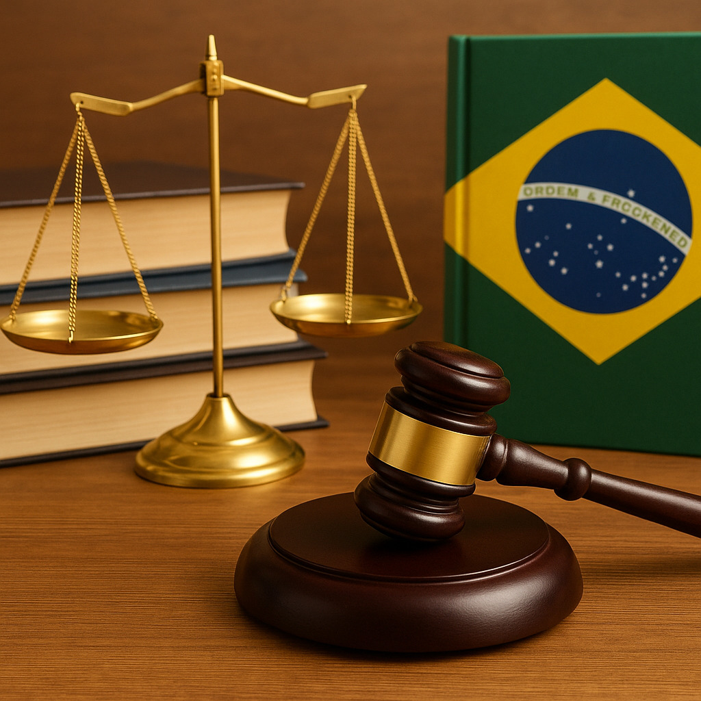 Símbolos do Supremo Tribunal Federal com martelos de juiz sobre livros de leis, representando recursos jurídico-processuais após condenação de Bolsonaro.