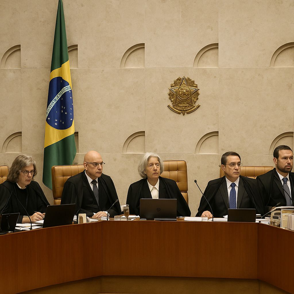 Ministros do Supremo Tribunal Federal durante julgamento, com foco no caso envolvendo Eduardo Bolsonaro.