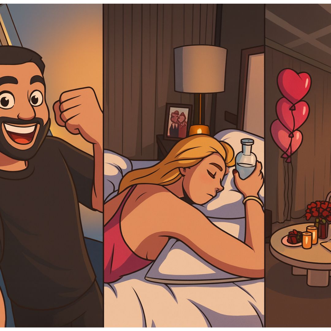 Ilustração digital em estilo cartoon mostrando um quarto romântico com luzes suaves, decoração com corações, pétalas de rosa e clima intimista, sem presença de pessoas.