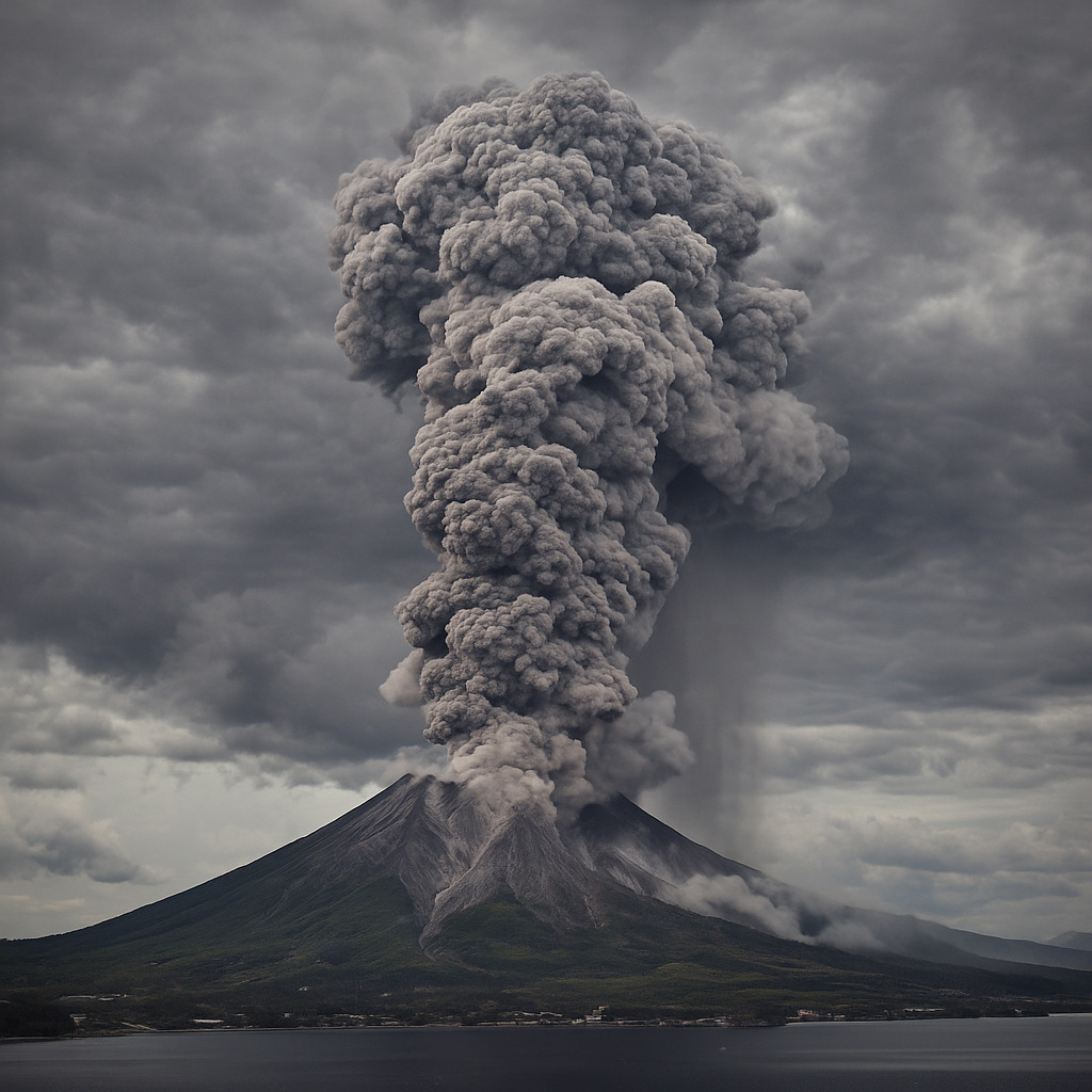 Coluna intensa de fumaça e cinzas erguendo-se do vulcão Sakurajima, com céu carregado sobre a ilha de Kyushu.
