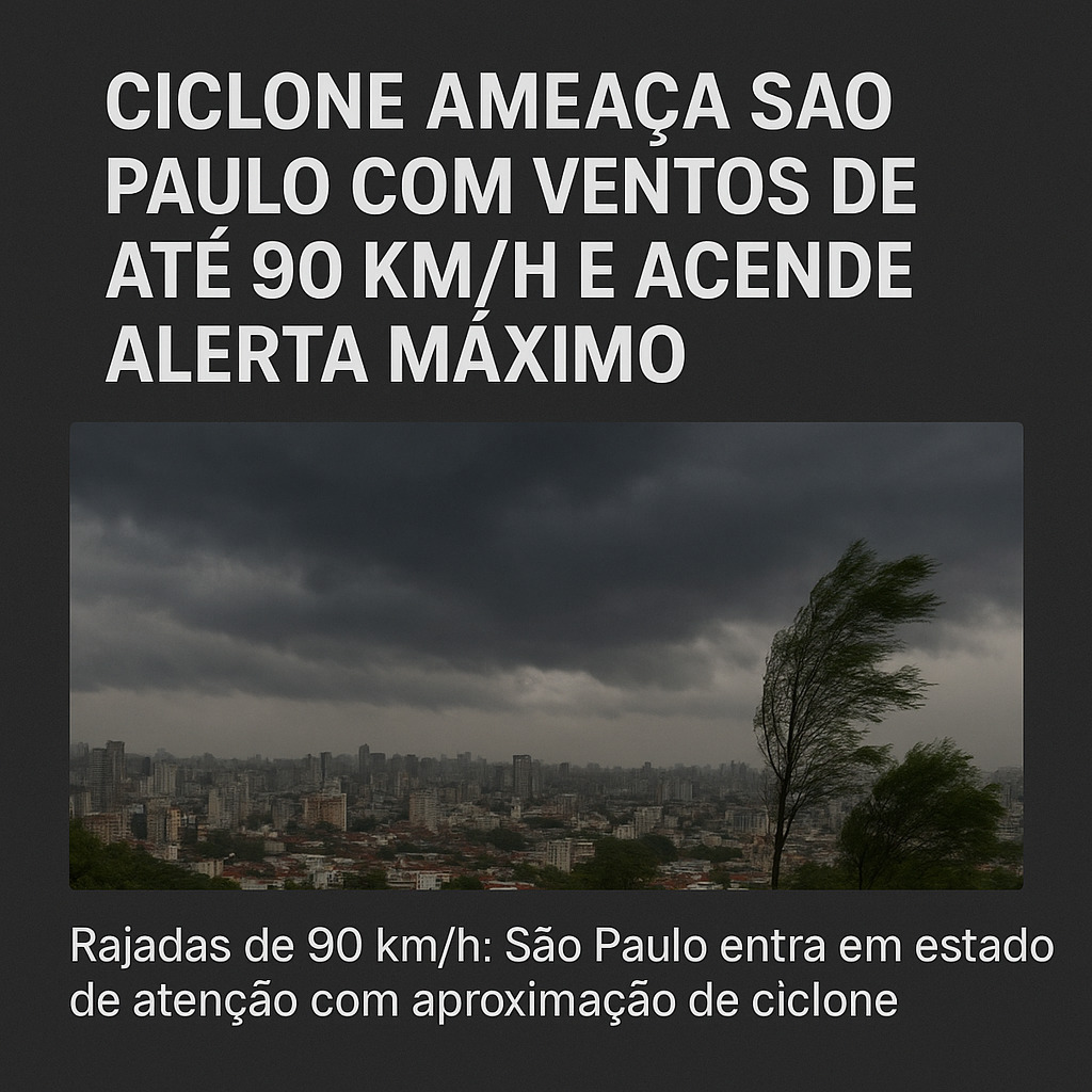 Cidade de São Paulo sob céu escuro e tempestuoso, com árvore inclinada pela força do vento, representando alerta de ciclone com rajadas de até 90 km/h.