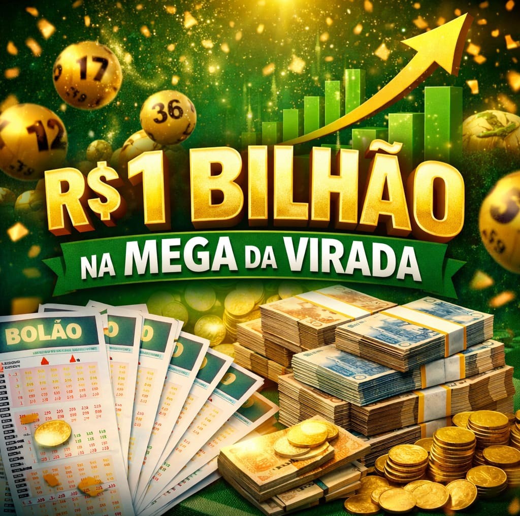Imagem ilustrativa da Mega da Virada com destaque para prêmio de R$ 1 bilhão, bolões da loteria, cédulas de dinheiro e apostas organizadas por grupo que investiu R$ 13 milhões em jogos.