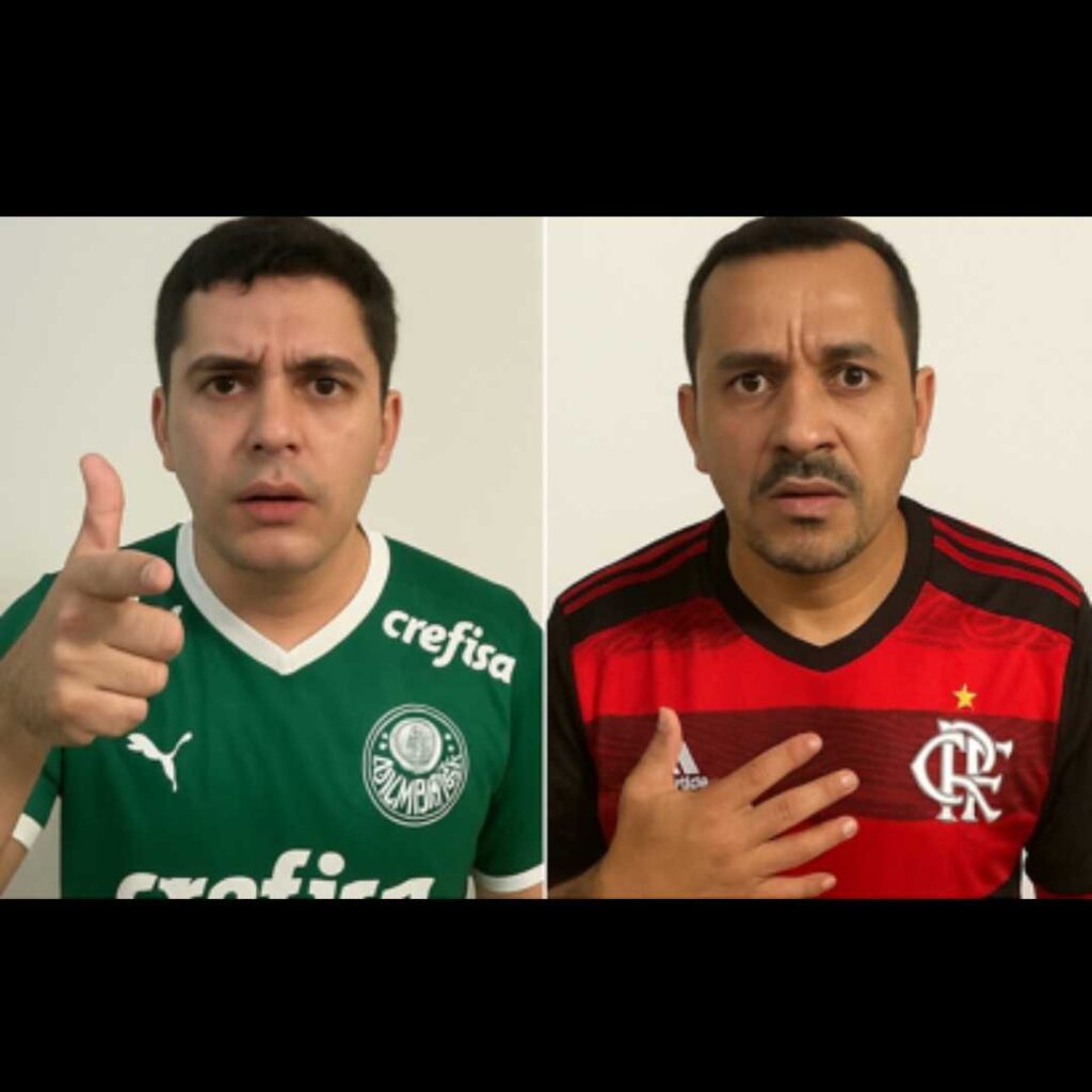 Dois torcedores posam com expressões sérias: à esquerda, um homem vestindo camisa do Palmeiras aponta o dedo como gesto de aposta; à direita, um homem com camisa do Flamengo leva a mão ao peito, também com expressão intensa, representando a rivalidade antes da final da Libertadores.