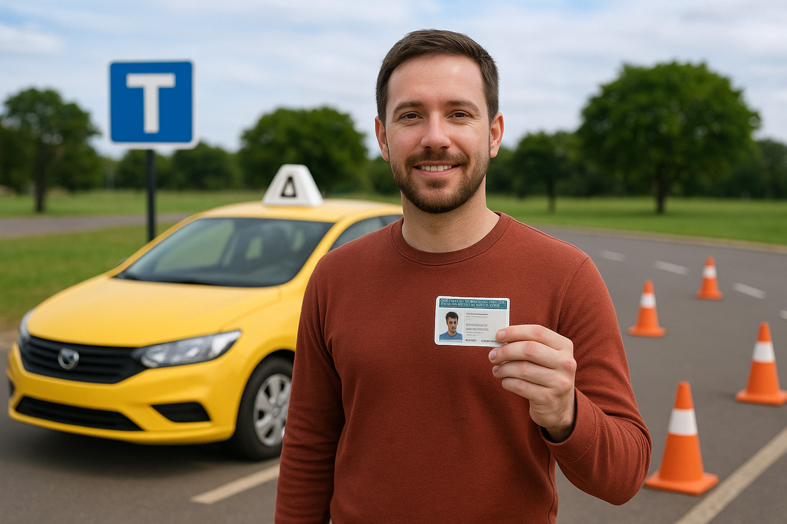 Ilustração de um candidato à CNH segurando documentos ao lado de um carro de autoescola em uma pista de testes.