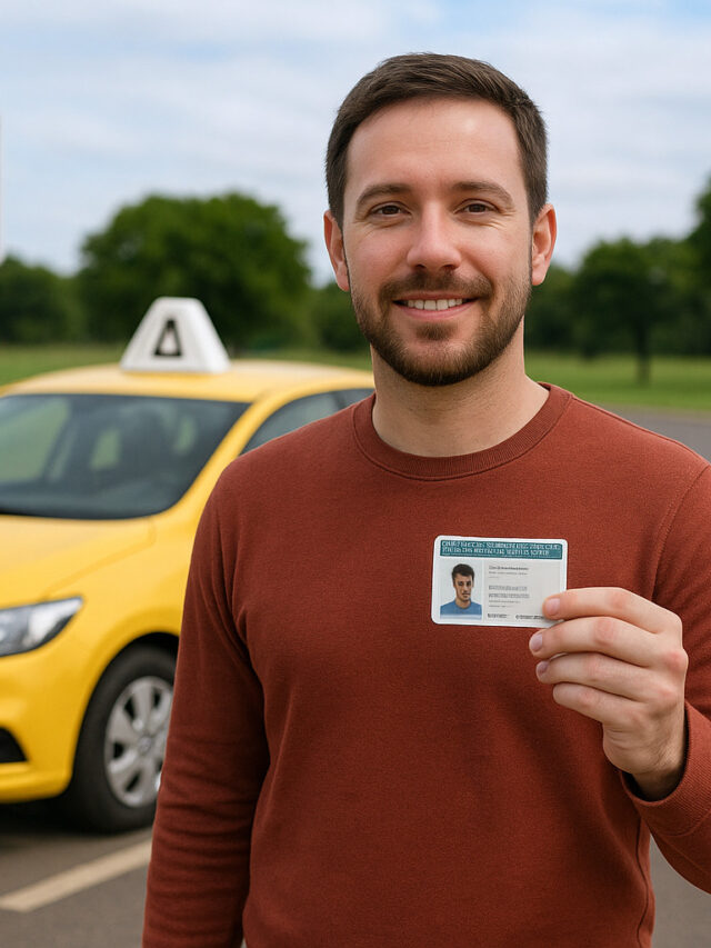 Ilustração de um candidato à CNH segurando documentos ao lado de um carro de autoescola em uma pista de testes.