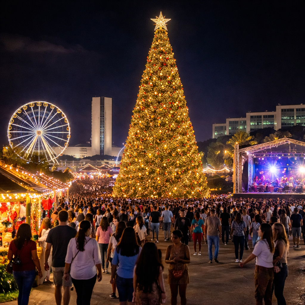 Esplanada dos Ministérios decorada para o evento Nosso Natal 2025, com árvore de Natal gigante, atrações culturais e público em Brasília.