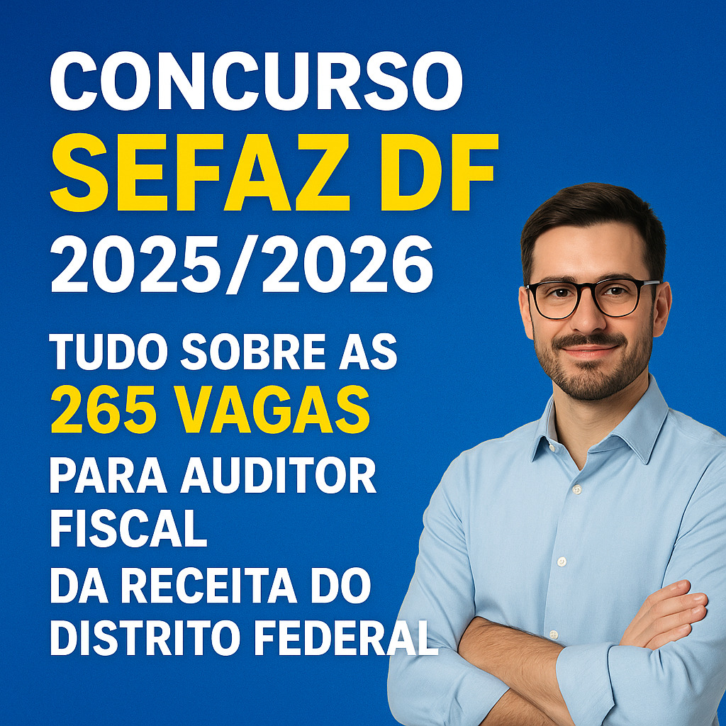 Imagem quadrada em fundo azul mostrando um homem adulto, de barba e óculos, sorrindo com os braços cruzados, ao lado de texto em destaque que anuncia o “Concurso SEFAZ DF 2025/2026” e informa sobre “265 vagas para Auditor Fiscal da Receita do Distrito Federal”.