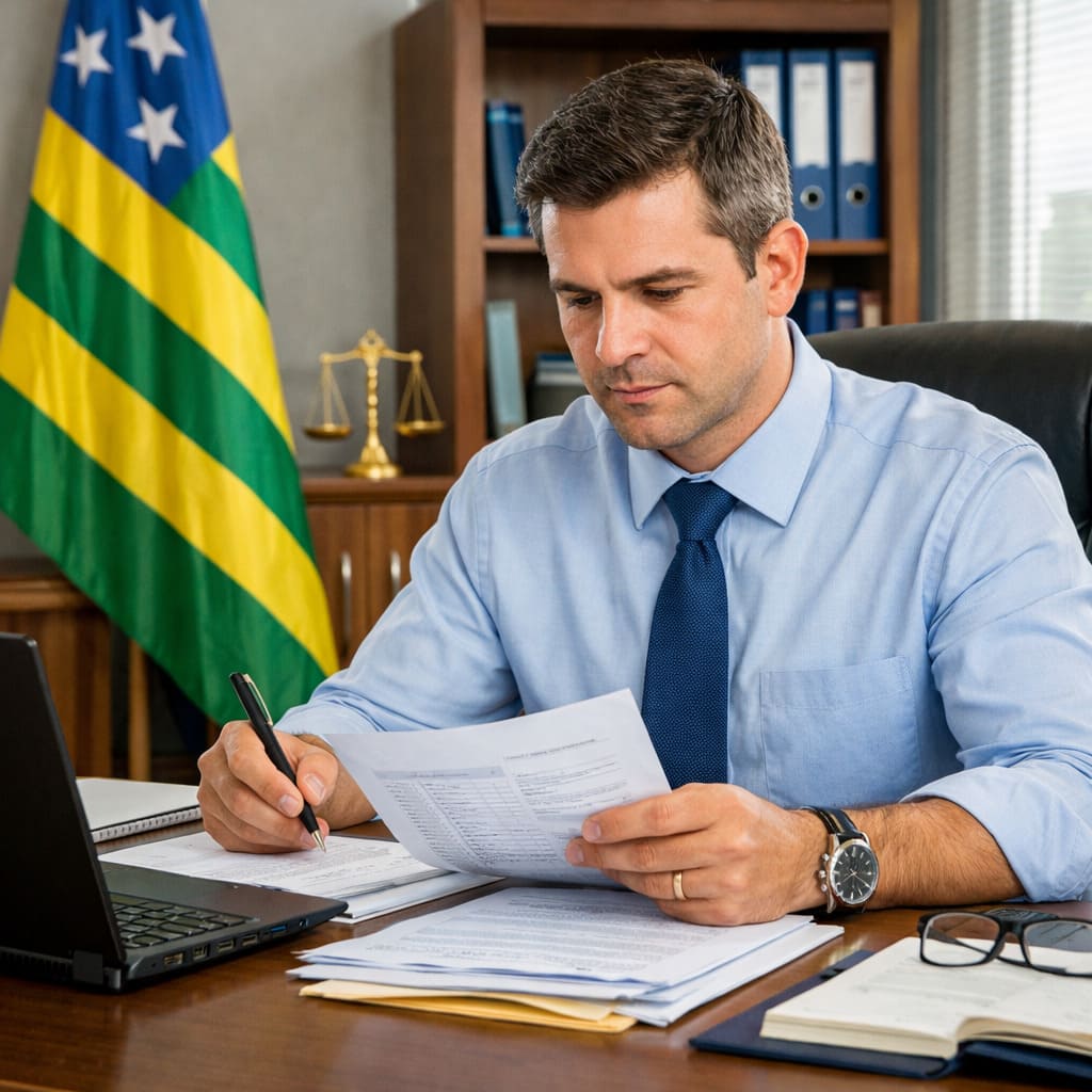 Auditor-Fiscal da Receita Estadual analisando documentos em escritório oficial, com bandeira do Estado de Goiás ao fundo, representando o concurso da Sefaz-GO com salário de R$ 28,5 mil.