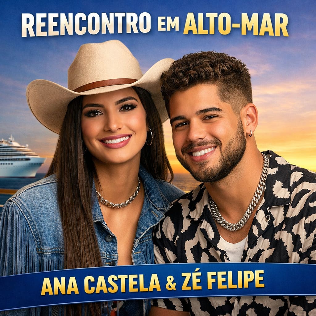 Imagem ilustrativa de Ana Castela e Zé Felipe em cenário de cruzeiro musical, representando reencontro profissional após término do namoro.