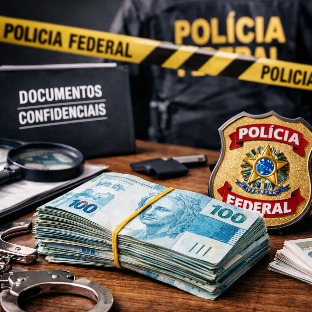 Cédulas de dinheiro ao lado de distintivo da Polícia Federal durante investigação sobre suspeitas de fraudes em prefeituras do Rio Grande do Norte.