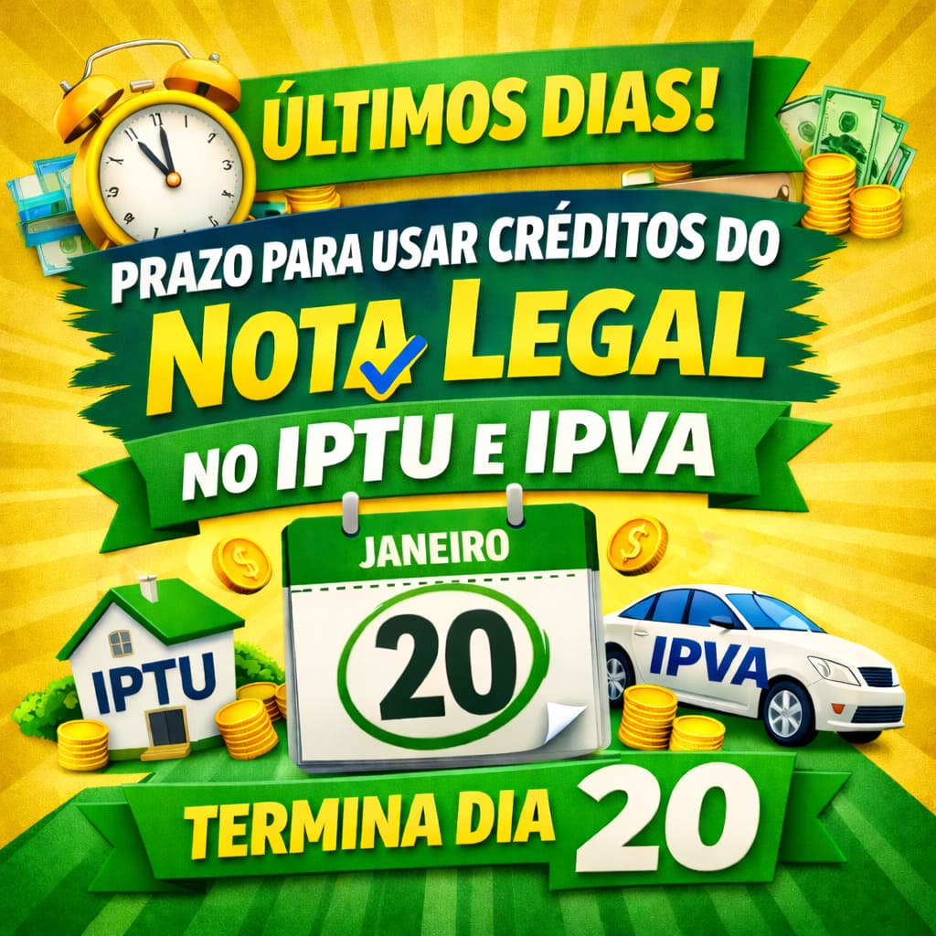 Imagem informativa do Nota Legal em verde e amarelo alerta para os últimos dias do prazo para usar créditos no abatimento do IPTU e IPVA, com data final em 20 de janeiro.
