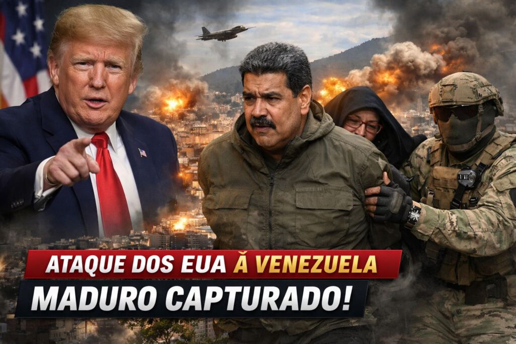 Donald Trump anuncia ataque dos Estados Unidos à Venezuela enquanto Nicolás Maduro aparece sob custódia militar, com explosões e cenário de conflito ao fundo em Caracas.