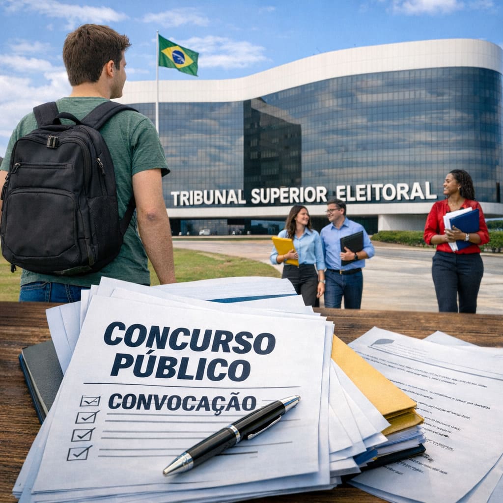 Pilha de documentos com os títulos “Concurso Público” e “Convocação” sobre mesa, com caneta à frente, e ao fundo o prédio do Tribunal Superior Eleitoral com pessoas caminhando e bandeira do Brasil.