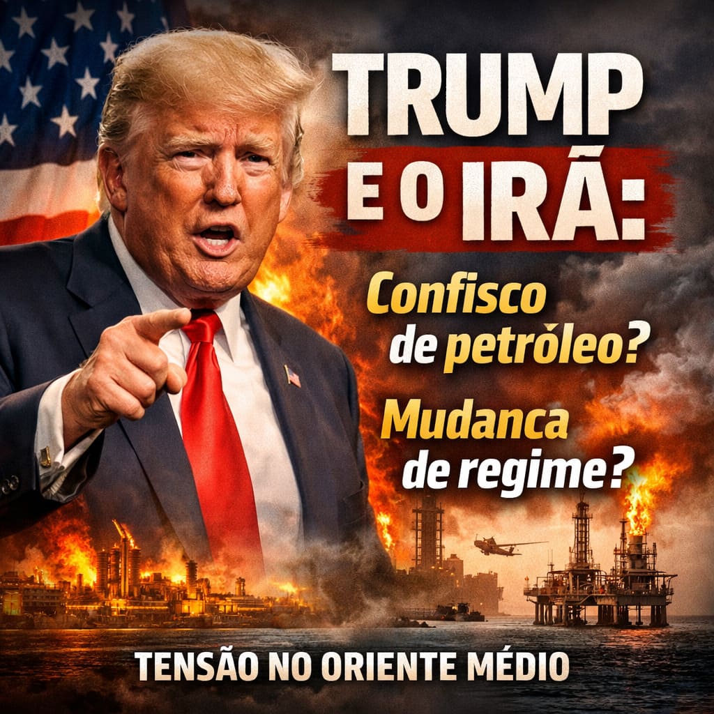 Donald Trump em destaque diante de bandeira dos EUA e instalações petrolíferas em chamas, representando tensão entre Estados Unidos e Irã sobre petróleo e possível mudança de regime