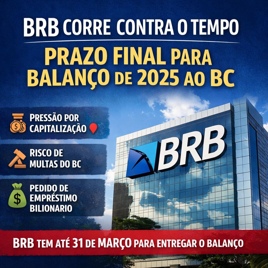 Fachada do Banco de Brasília (BRB) com destaque para o prazo de entrega do balanço de 2025 ao Banco Central e risco de multas regulatórias.