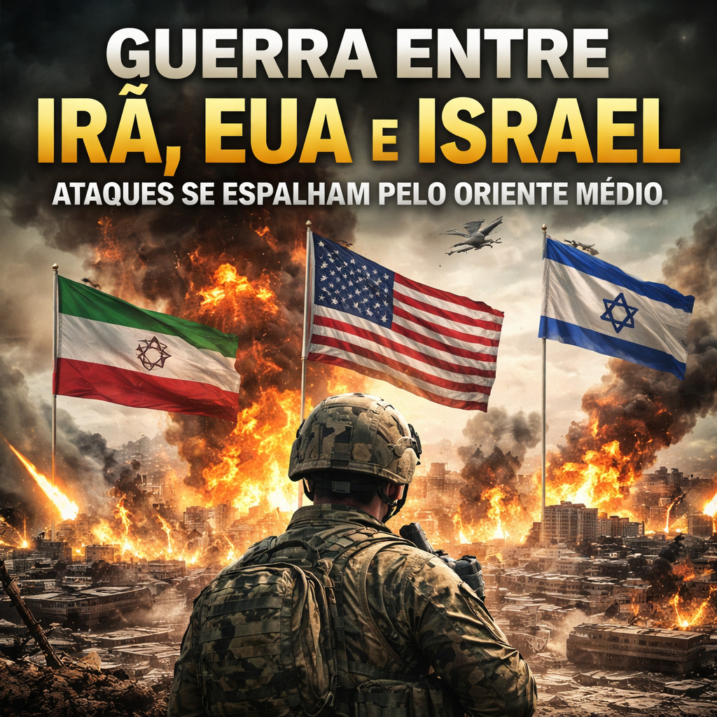 Imagem ilustrativa da guerra entre Irã, EUA e Israel mostrando explosões no Oriente Médio, bandeiras dos três países e cenário de conflito armado.