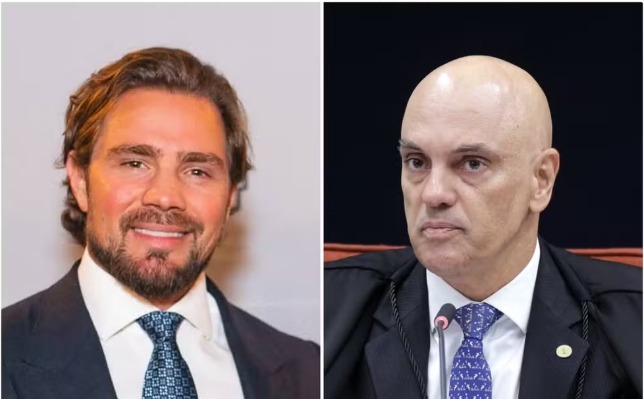 montagem com Alexandre de Morais e Daniel Banco Master de terno e outro careca com expressão séria em ambiente formal
