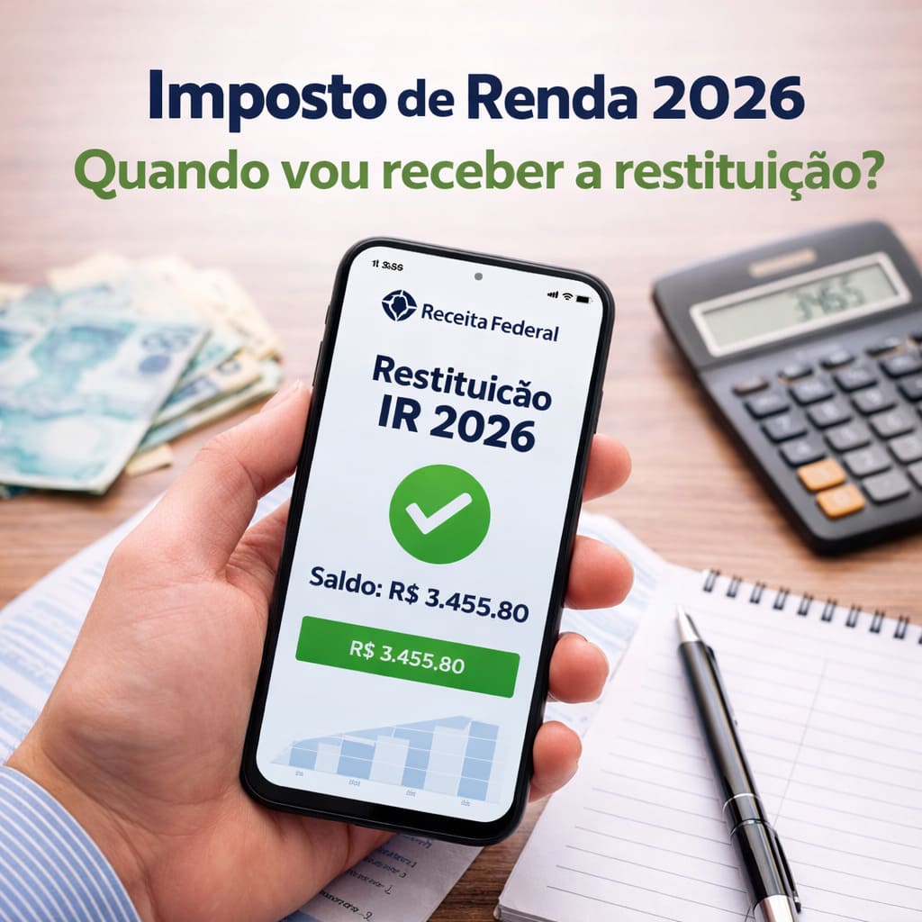 celular exibindo restituição do imposto de renda 2026 com valor disponível, ao lado de calculadora, dinheiro e bloco de anotações