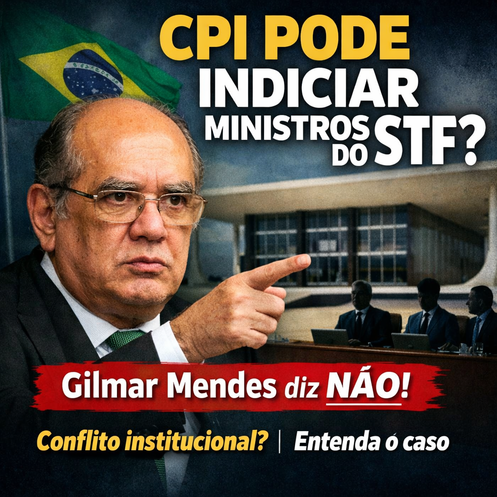 mostra o ministro Gilmar Mendes em primeiro plano, com expressão séria e apontando para frente. Ao fundo, aparece o prédio do STF e a bandeira do Brasil. O destaque do texto diz: “CPI pode indiciar ministros do STF?” e, em uma faixa vermelha, “Gilmar Mendes diz NÃO!”. A arte tem estilo de capa de notícia, com foco em tensão institucional e política.