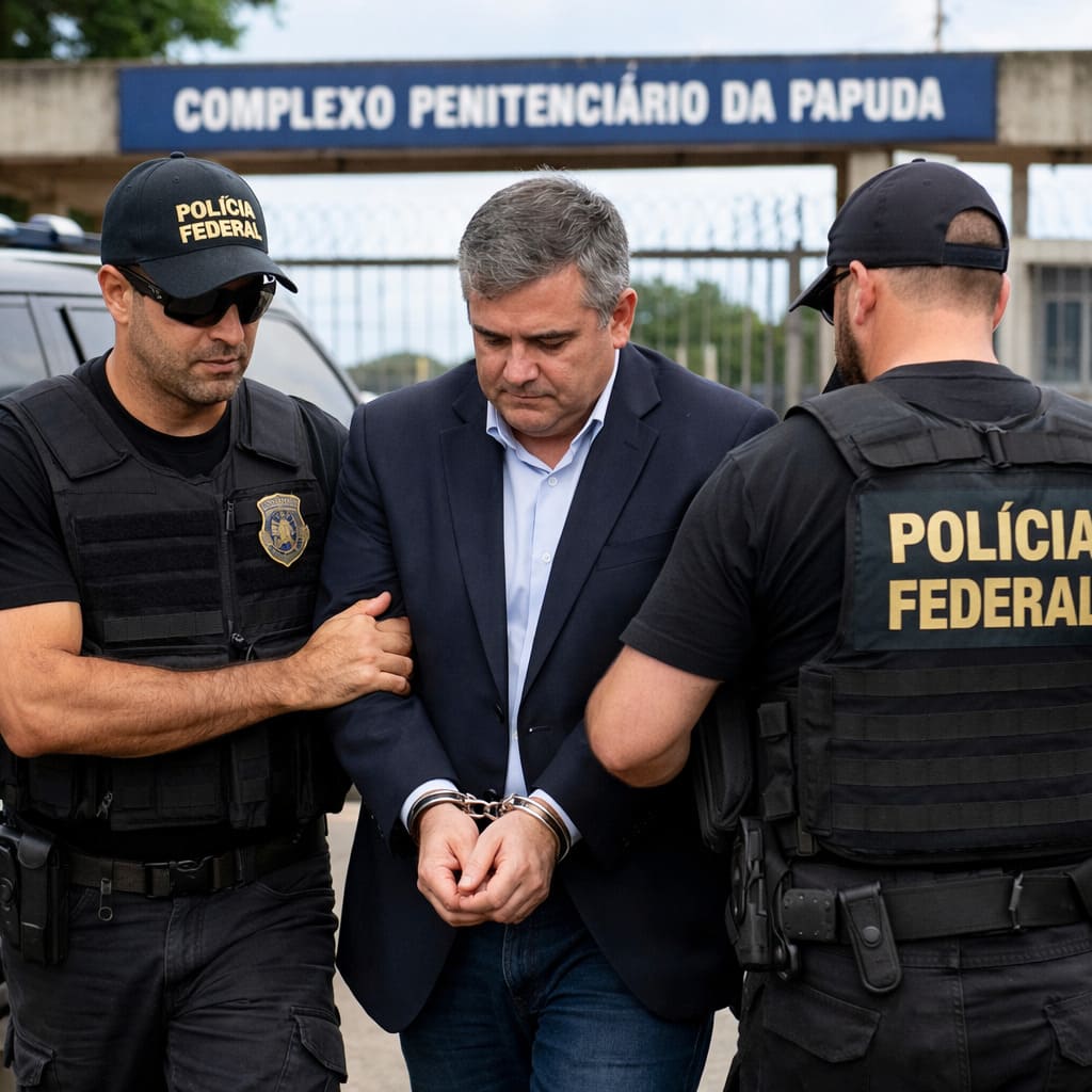 Ex-presidente do BRB sendo conduzido por agentes da Polícia Federal em frente ao Complexo Penitenciário da Papuda, em Brasília