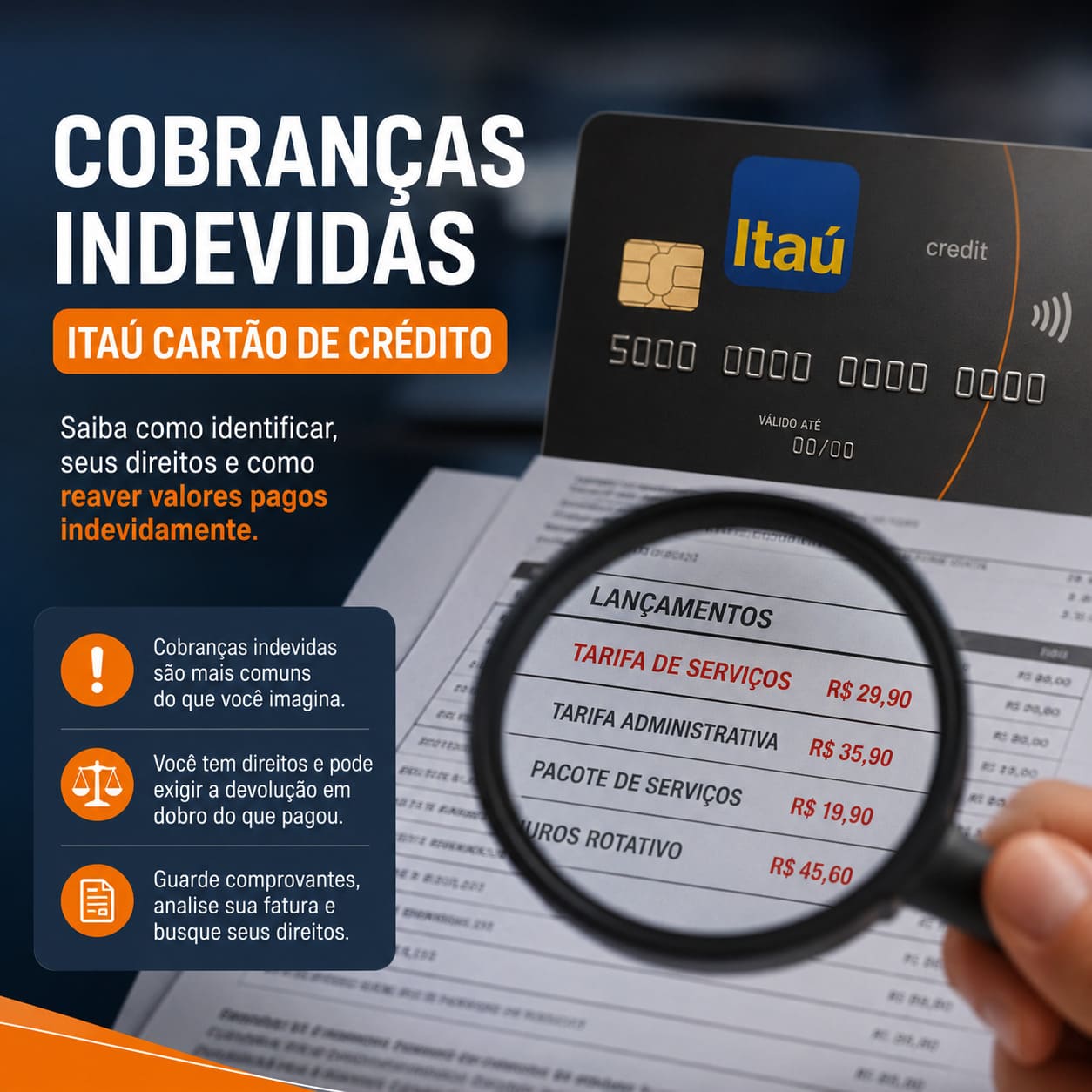 Imagem em estilo editorial mostra um cartão de crédito do Itaú em destaque sobre uma fatura, enquanto uma lupa amplia cobranças como “tarifa de serviços” e “tarifa administrativa”. Ao lado, há o título “Cobranças Indevidas – Itaú Cartão de Crédito” e textos informativos sobre como identificar taxas abusivas e recuperar valores pagos indevidamente. O layout usa cores escuras com detalhes em laranja, transmitindo alerta e orientação financeira.